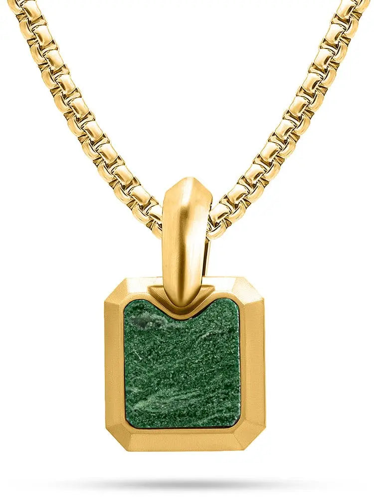18k gold plated stainless steel necklace with gold-toned rectangular pendant featuring textured green jade stone inset
