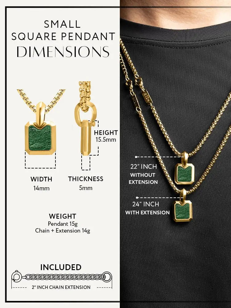 18k gold plated square jade pendant necklace with green enamel center stainless steel chain extension included
