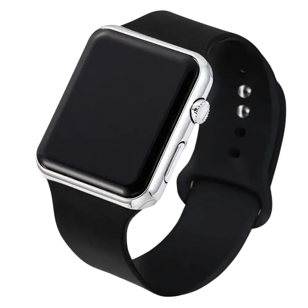 Black silicone strap square led digital watch with silver-toned metal case and digital display