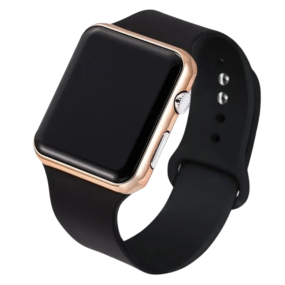 Square led digital watch silicone strap in black with rose gold bezel and silver button for apple watch models