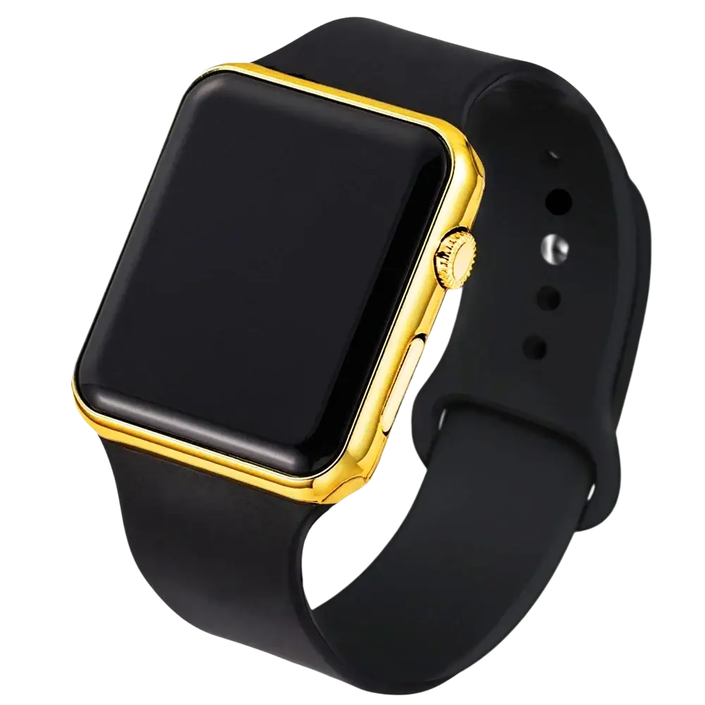 Black silicone watch band with gold-tone bezel and crown for apple watch square led digital watch silicone strap