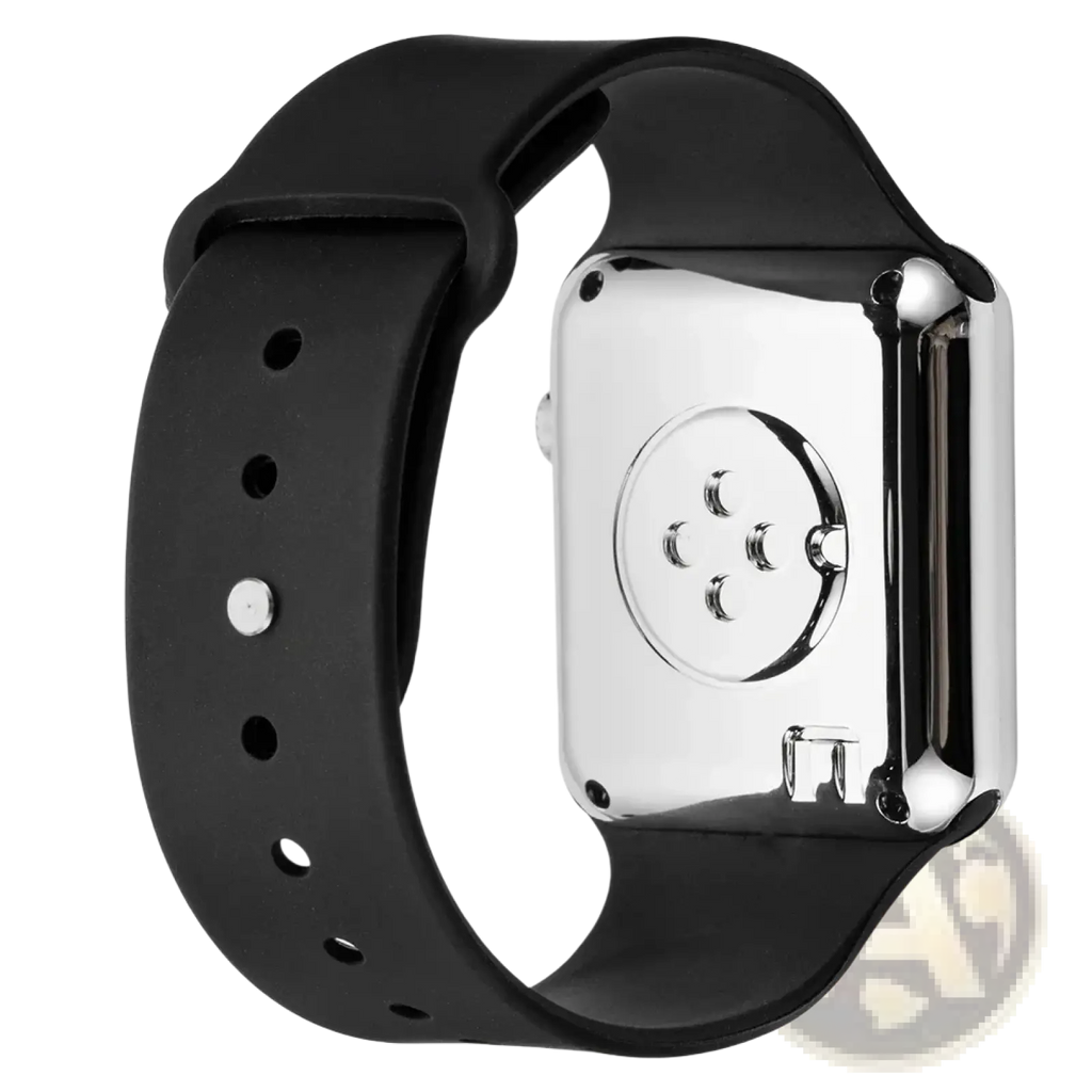 Back side of square led digital watch silicone strap showing black silicone band with silver metallic case back and circular charging port design
