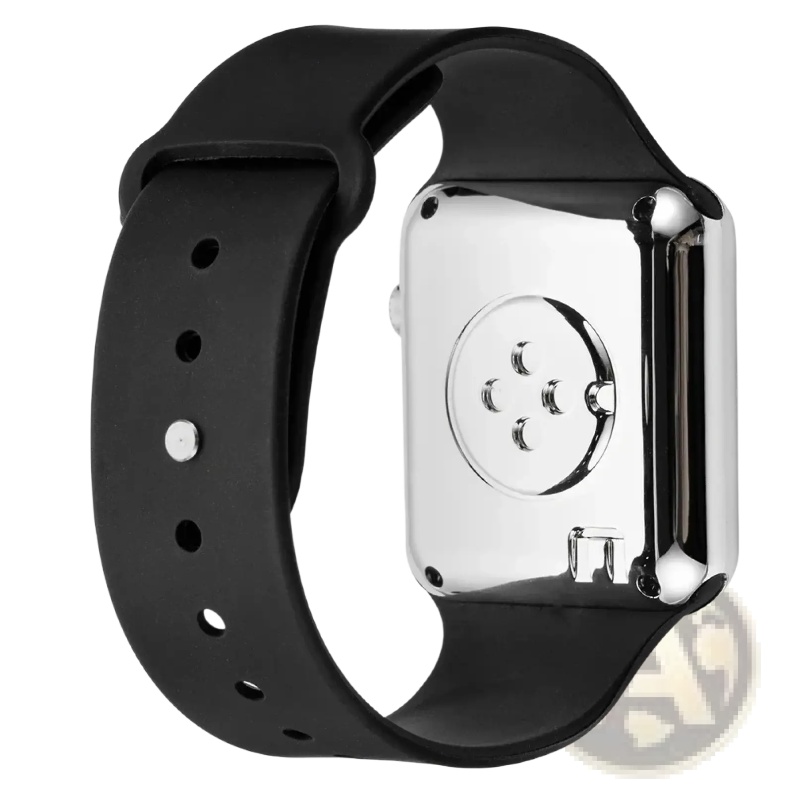 Back side of square led digital watch silicone strap showing black silicone band with silver metallic case back and circular charging port design