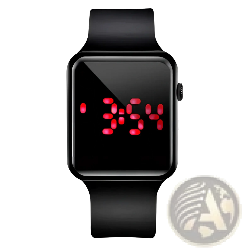 Black square led digital watch with red display showing 3 54 and silicone strap for everyday use