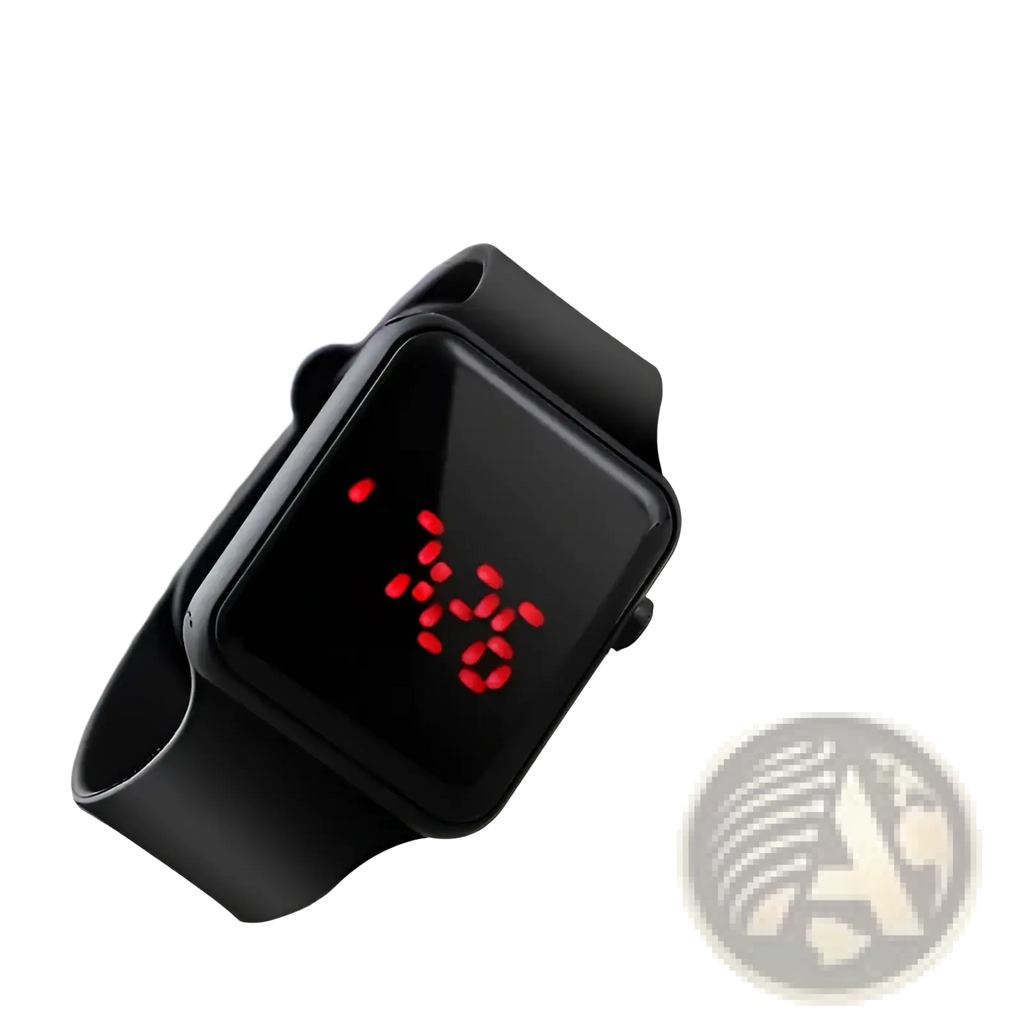 Black square led digital watch with red display and silicone strap for durable everyday use