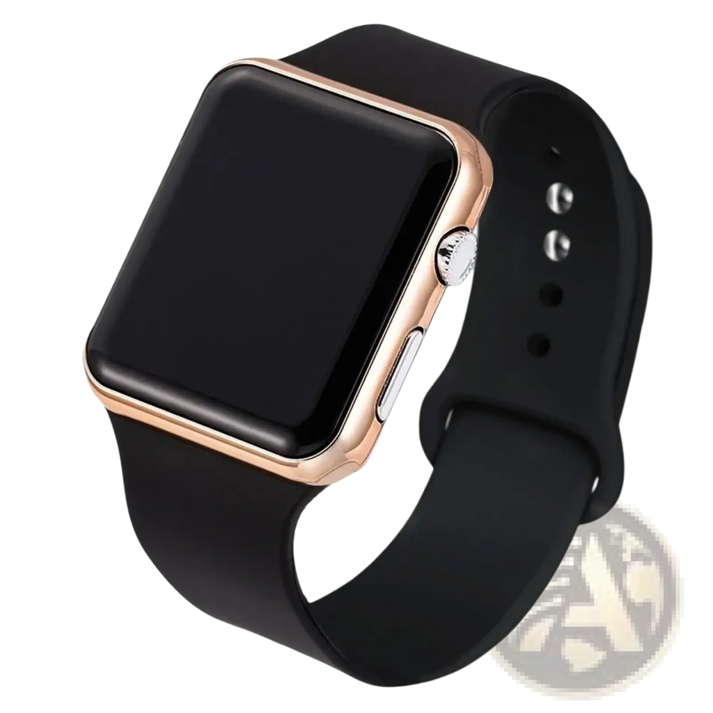 Square led digital watch silicone strap in black with rose gold bezel and silver button for apple watch models