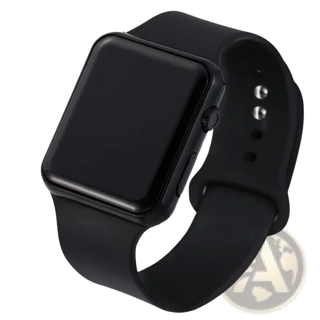 Black square LED digital watch with a sleek rectangular screen and matching silicone strap for everyday use