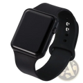 Black square LED digital watch with a sleek rectangular screen and matching silicone strap for everyday use