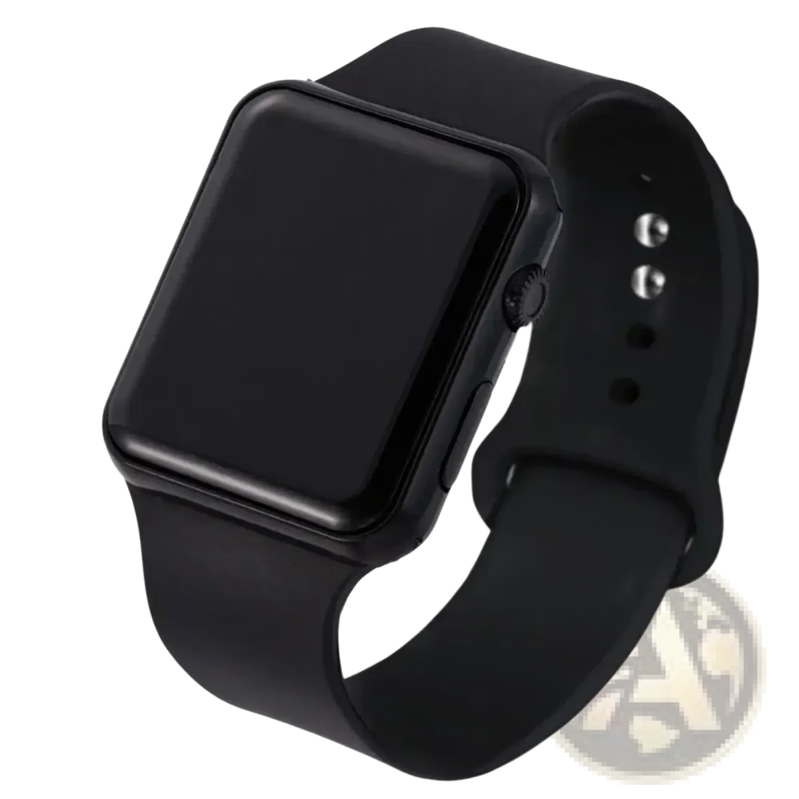 Black square LED digital watch with a sleek rectangular screen and matching silicone strap for everyday use