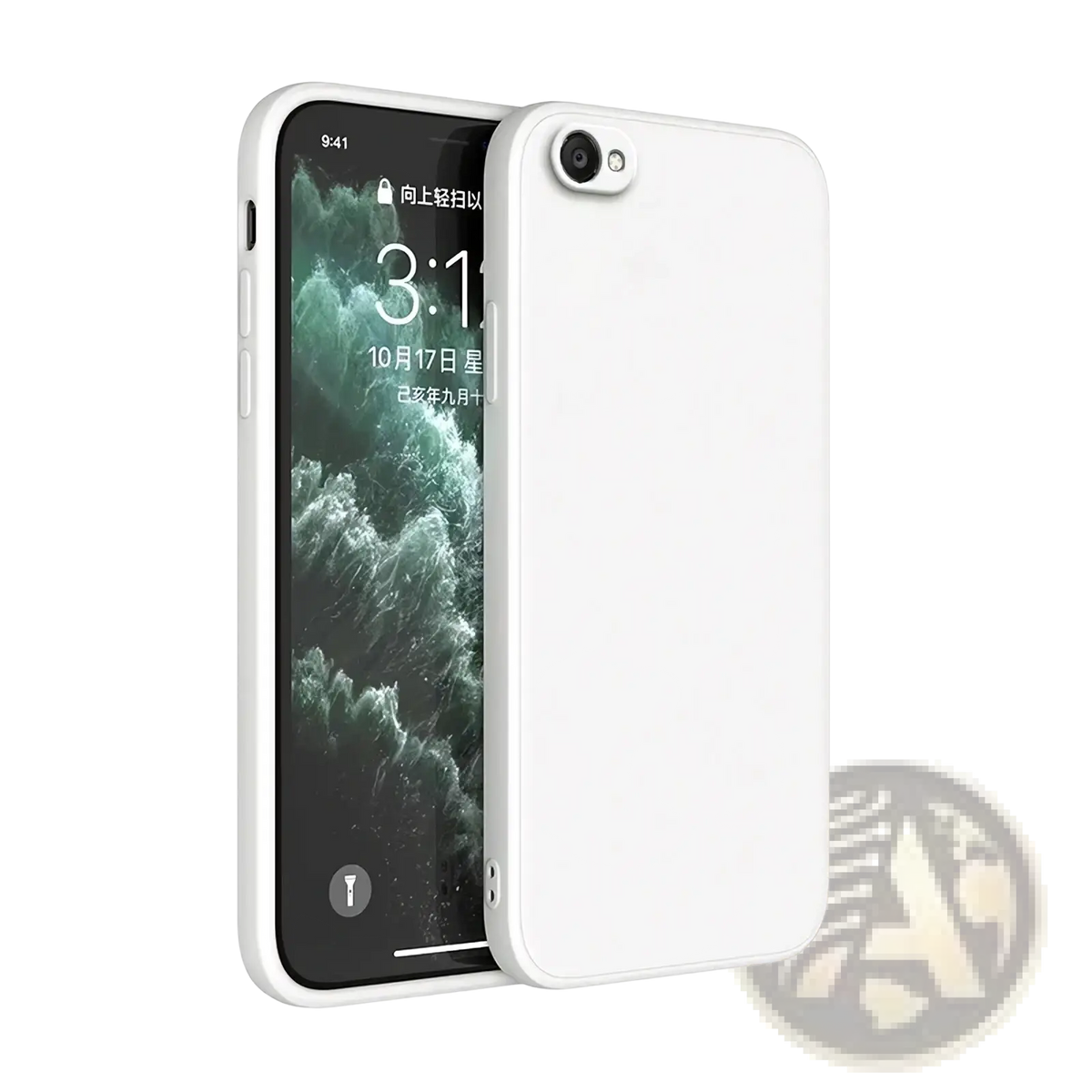 White silicone iphone case with smooth minimalist design shown from the back in square liquid silicone style
