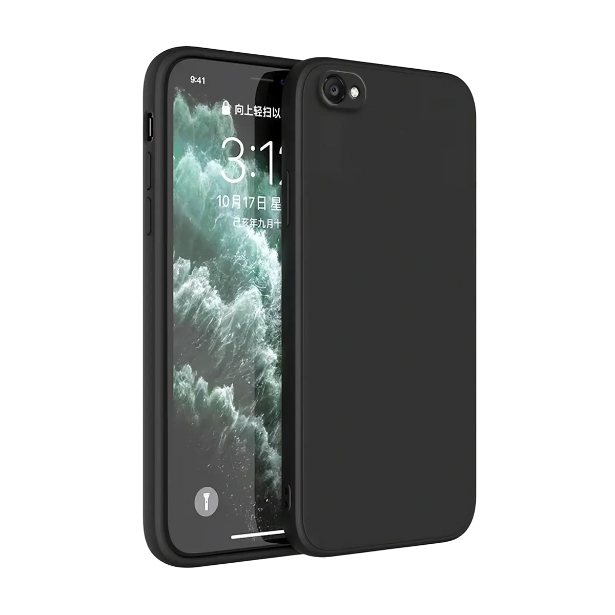 Black silicone iphone case with smooth matte finish and precise cutouts shown from the back side