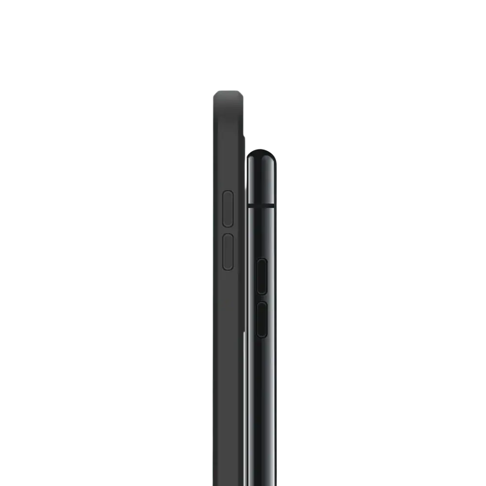 Black square liquid silicone iphone case with sleek smooth edges shown from the back side