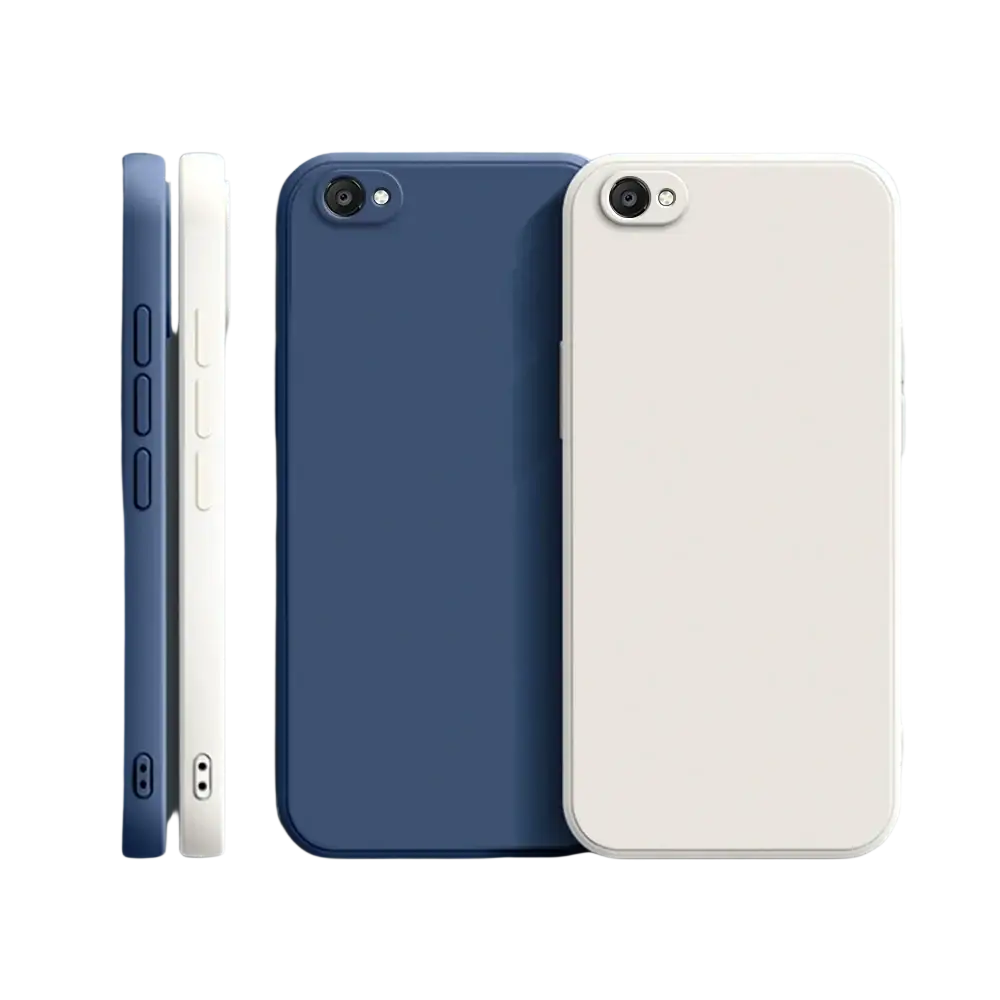 Blue and white square liquid silicone iphone cases with smooth minimalist design shown from the back side