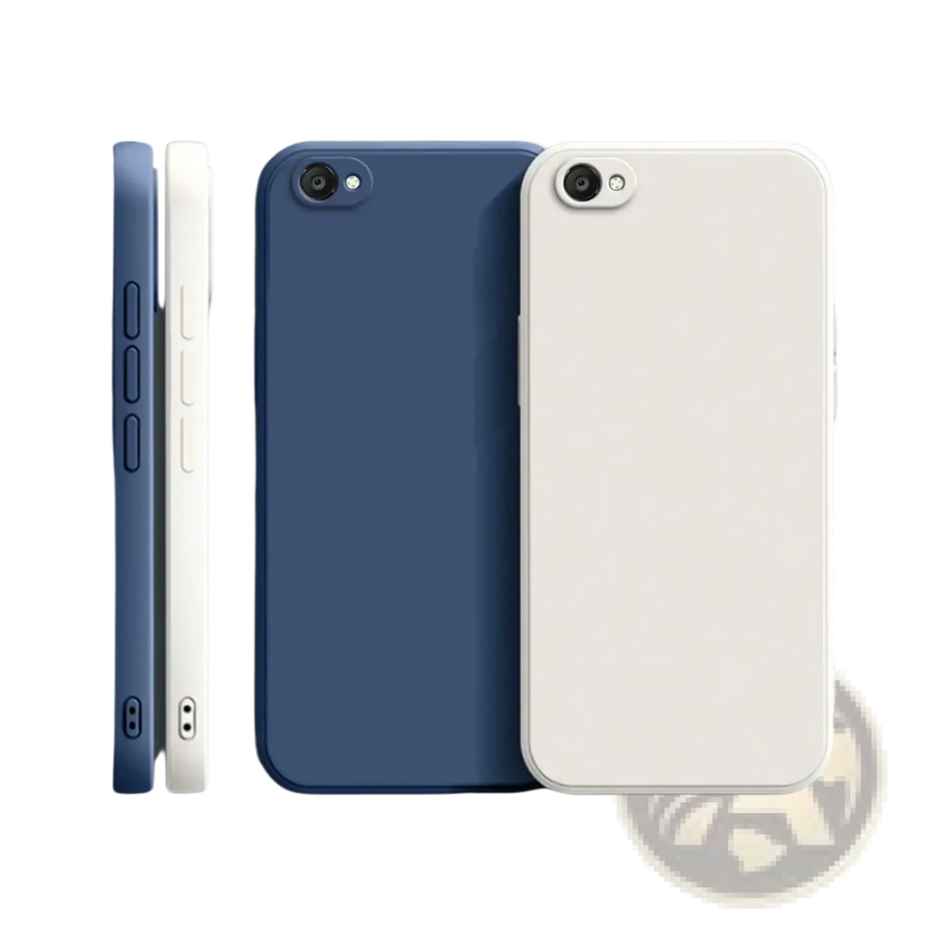 Blue and white square liquid silicone iphone cases with smooth minimalist design shown from the back side