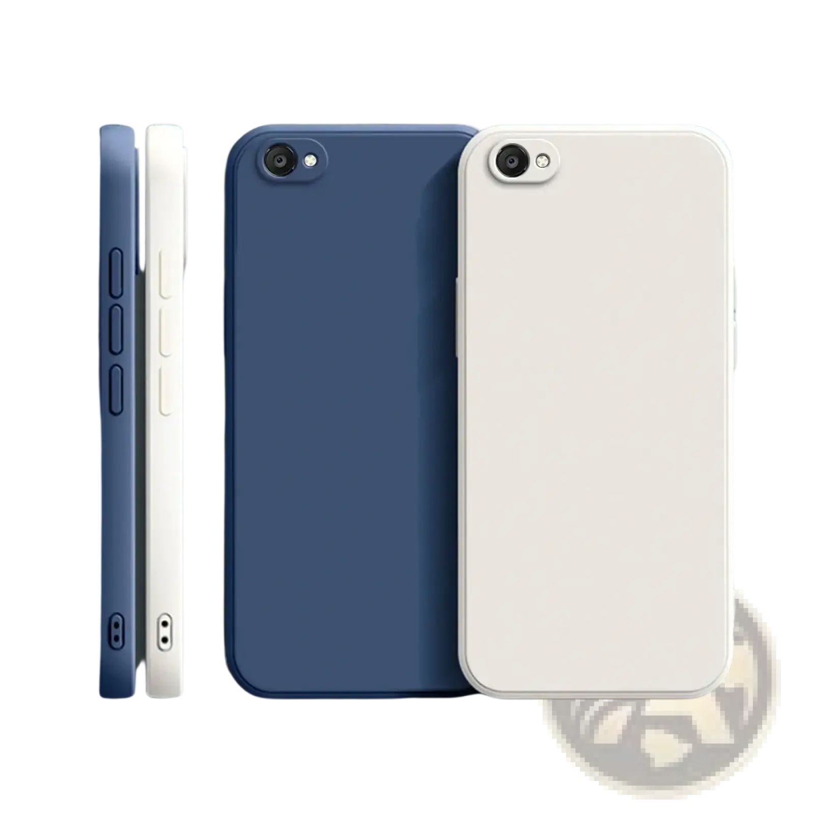 Blue and white square liquid silicone iphone cases with smooth minimalist design shown from the back side