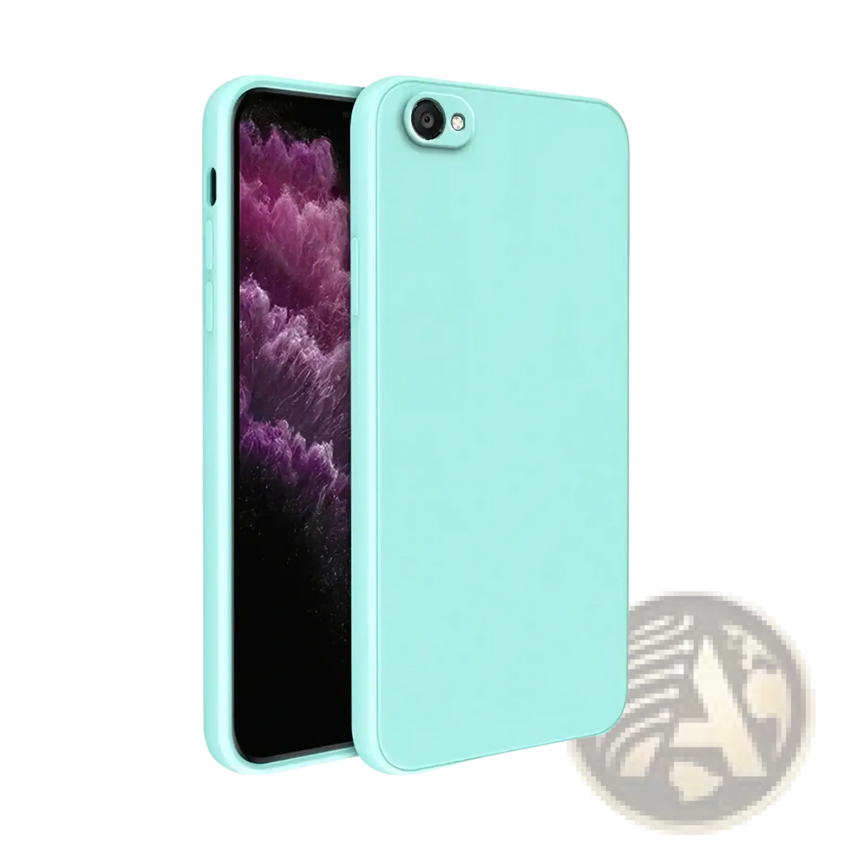 A sleek matte mint green square liquid silicone iphone case shown from the back side