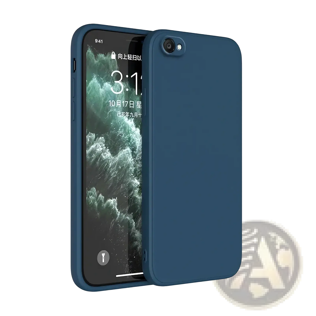A sleek navy blue square liquid silicone iphone case with a smooth matte finish shown from the back side