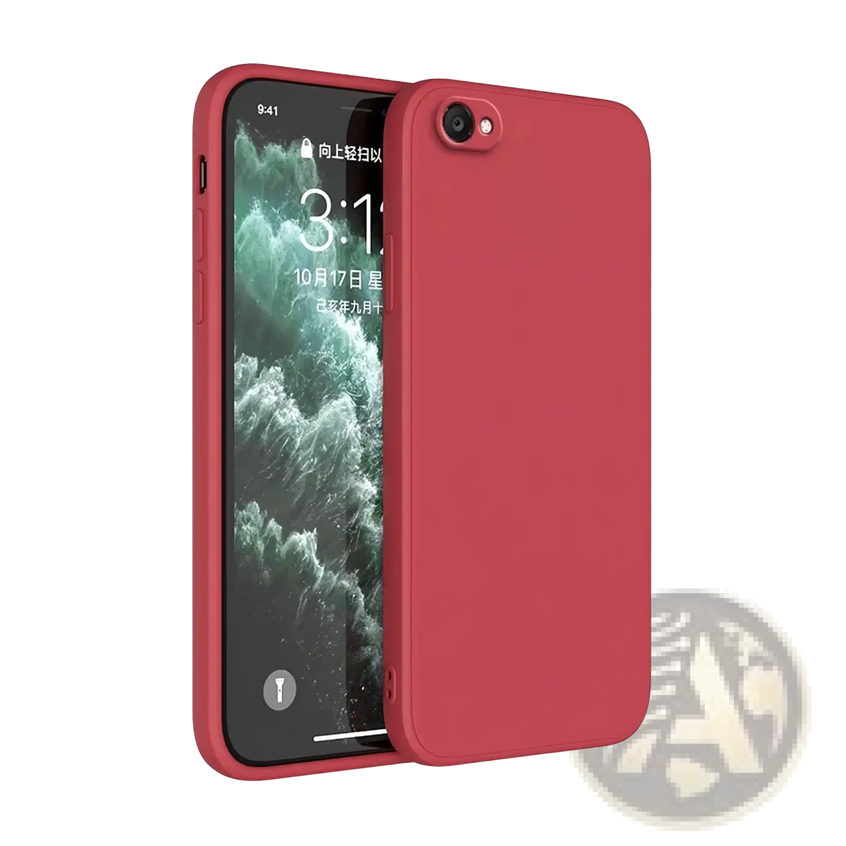 Red square liquid silicone iPhone case with smooth matte finish shown from the back side