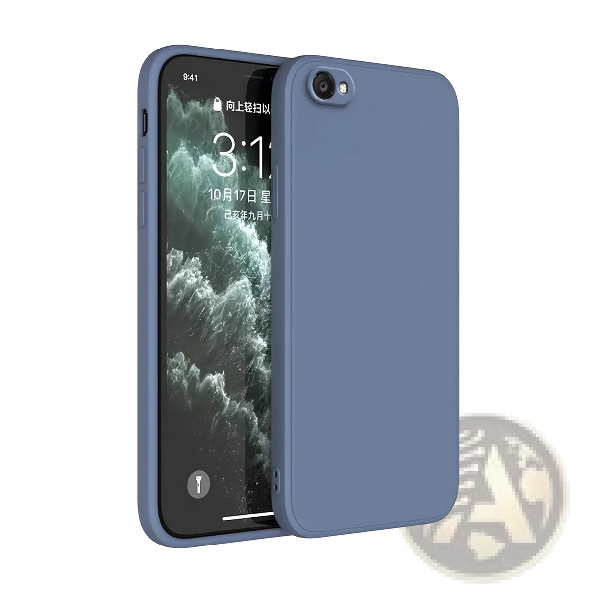A sleek matte-finish blue silicone iphone case snugly fitting the back with a minimalist square liquid silicone design