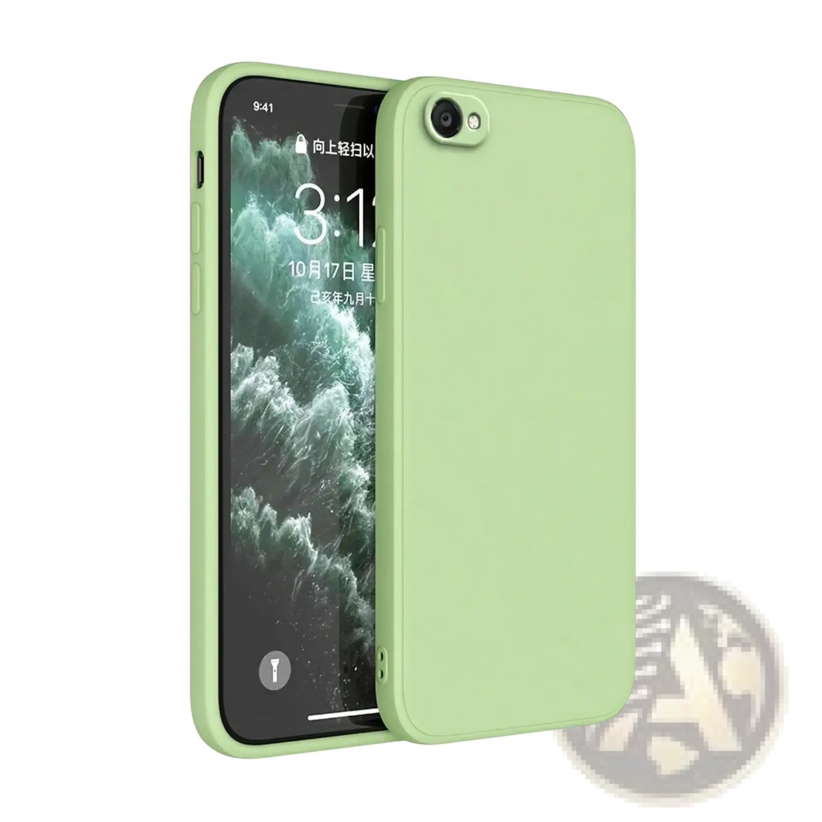A sleek matte-finish light green square liquid silicone iphone case snugly fits the back of an iphone