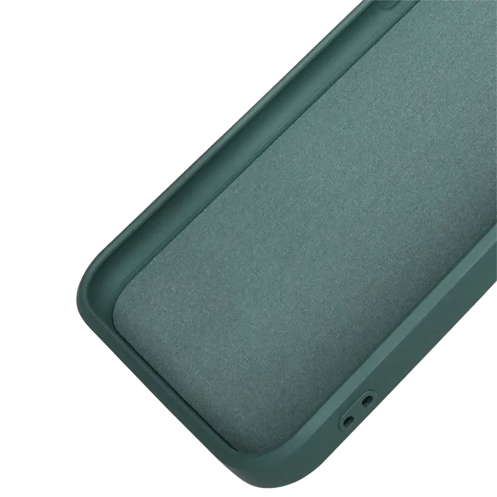 The back side of a matte sage green square liquid silicone iPhone case with a soft textured surface and rounded edges