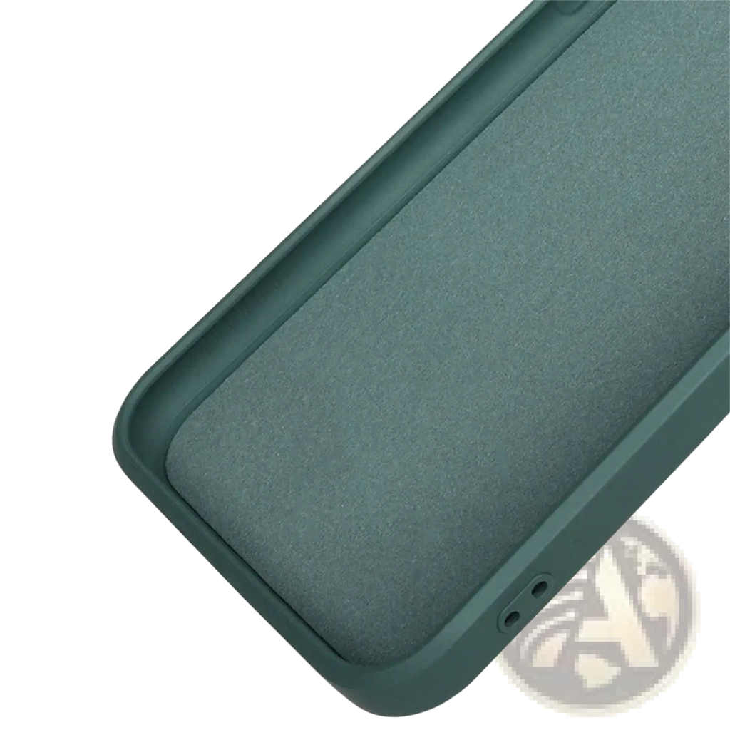 The back side of a matte sage green square liquid silicone iPhone case with a soft textured surface and rounded edges