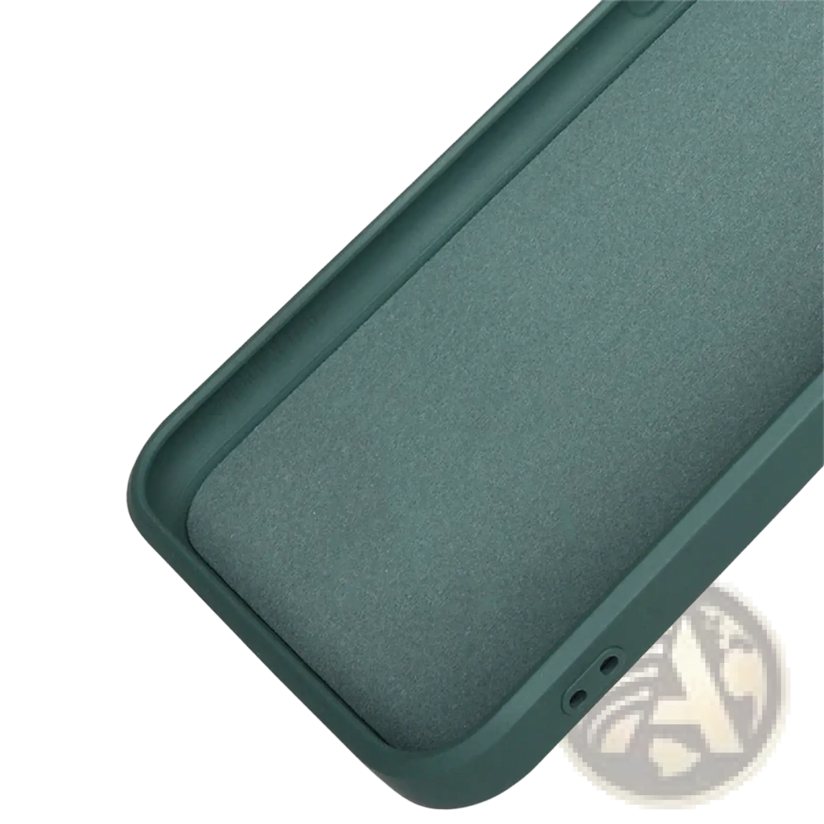 The back side of a matte sage green square liquid silicone iPhone case with a soft textured surface and rounded edges
