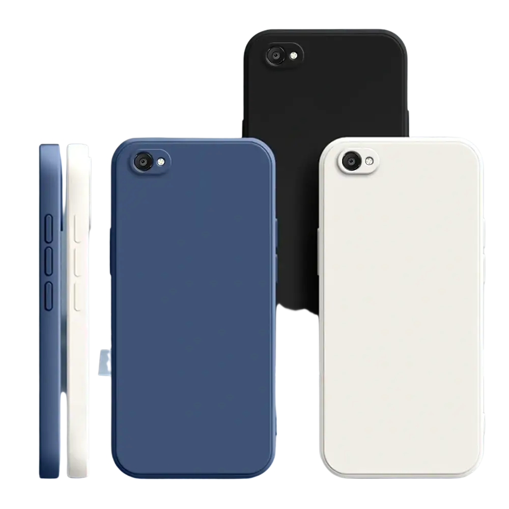 Minimalist square liquid silicone iphone cases in matte navy blue white and black shown from the back side