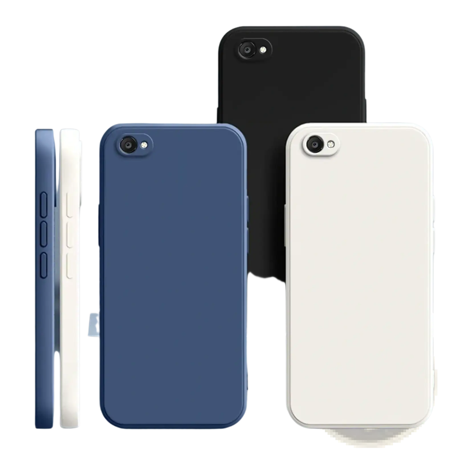 Minimalist square liquid silicone iphone cases in matte navy blue white and black shown from the back side