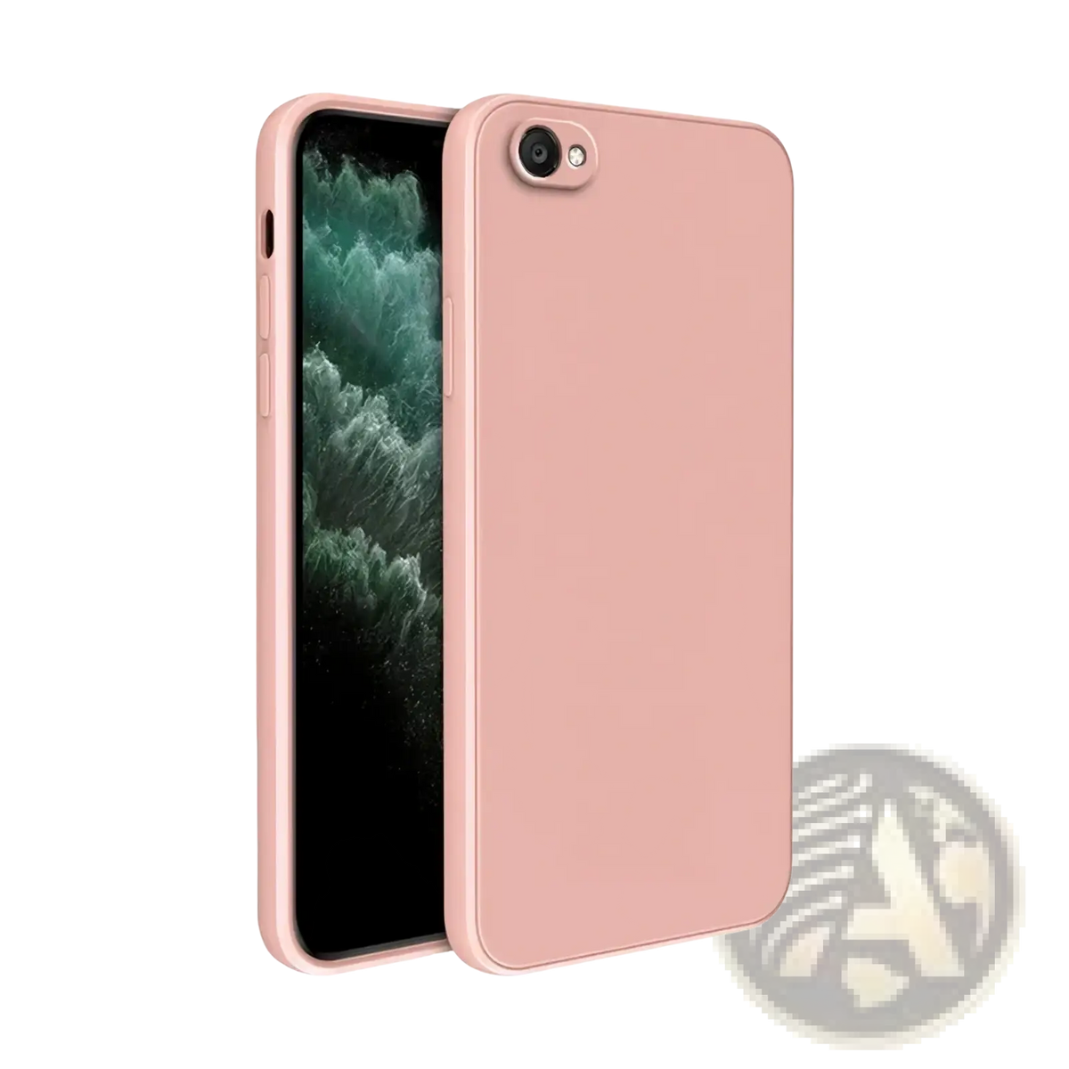 A sleek matte-finish rose gold square liquid silicone iphone case shown from the back with a minimalist design