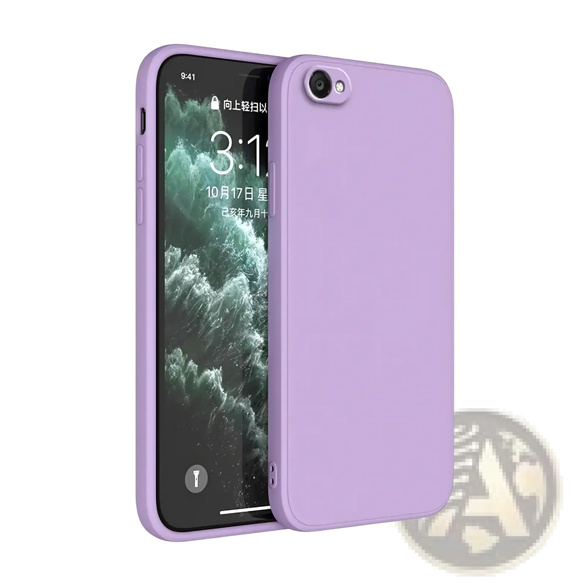 A sleek lavender square liquid silicone iphone case with smooth matte finish and precise cutouts shown from the back side