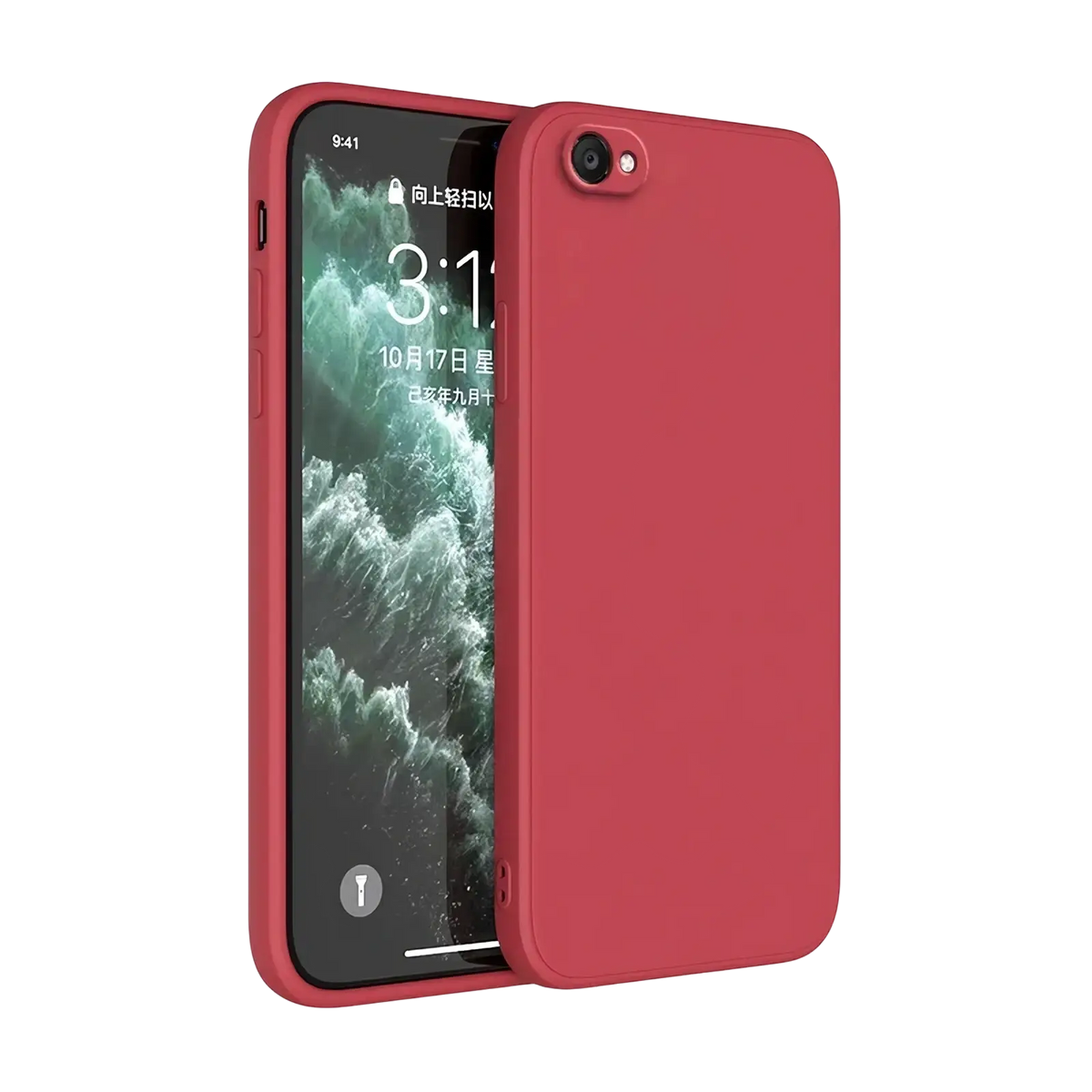 Red square liquid silicone iPhone case with smooth matte finish shown from the back side