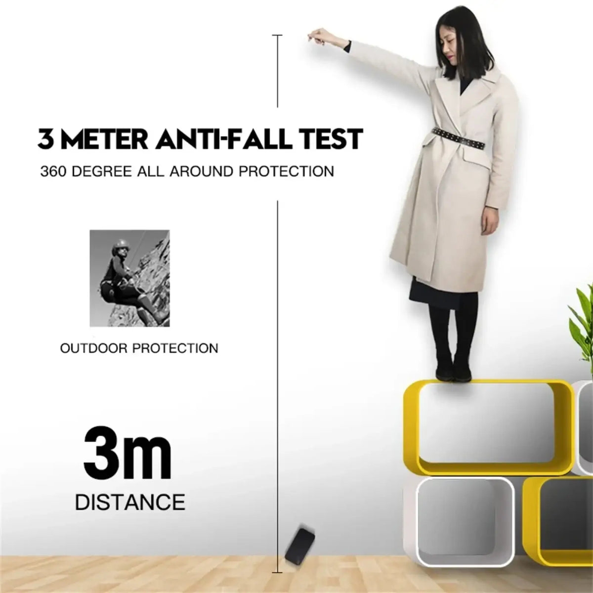 A sleek black iphone with a square liquid silicone case shown falling from three meters during anti-fall test