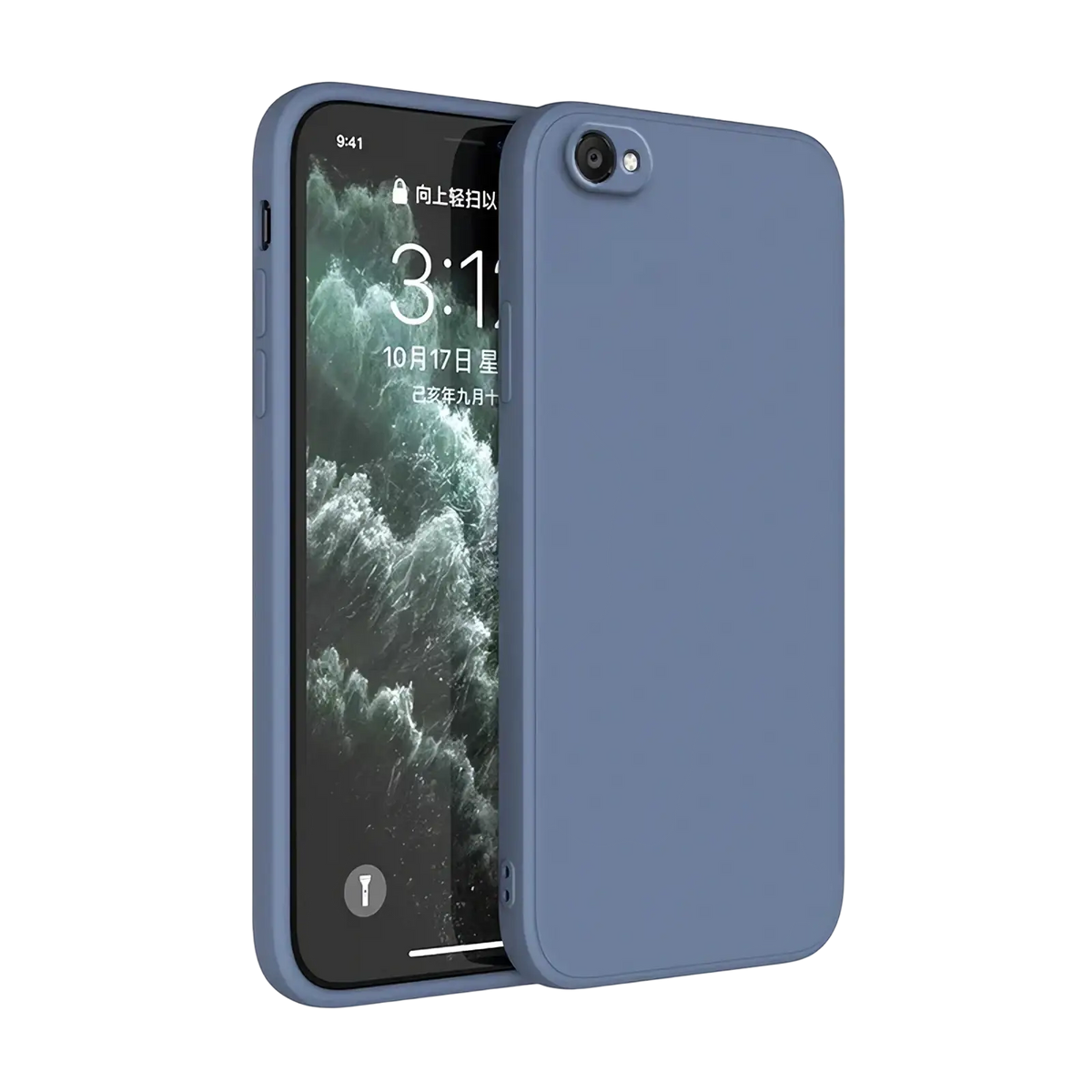 A sleek matte-finish blue silicone iphone case snugly fitting the back with a minimalist square liquid silicone design