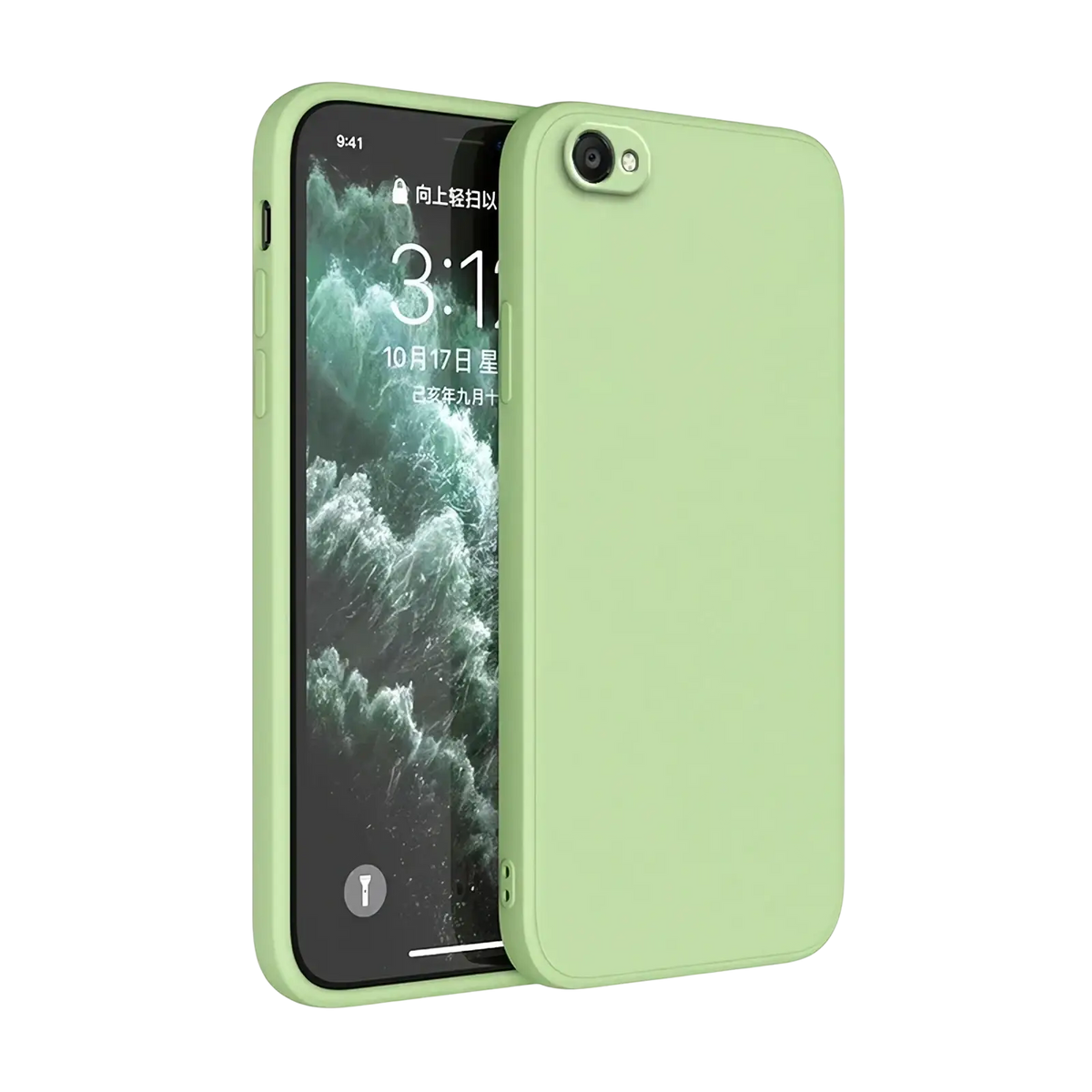 A sleek matte-finish light green square liquid silicone iphone case snugly fits the back of an iphone