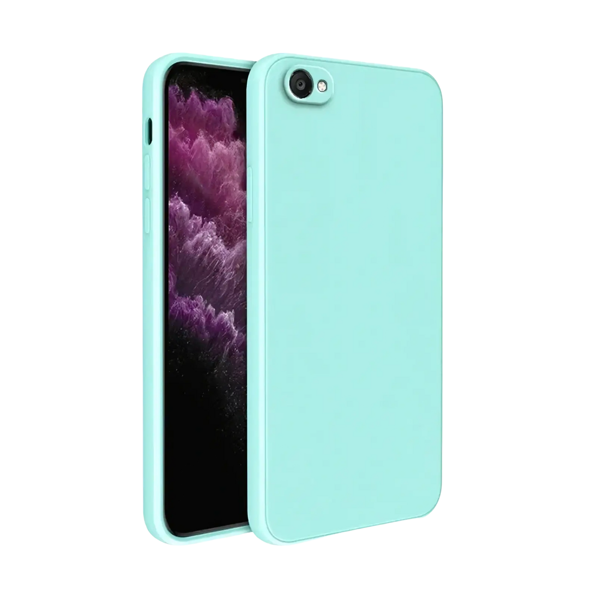 A sleek matte mint green square liquid silicone iphone case shown from the back side