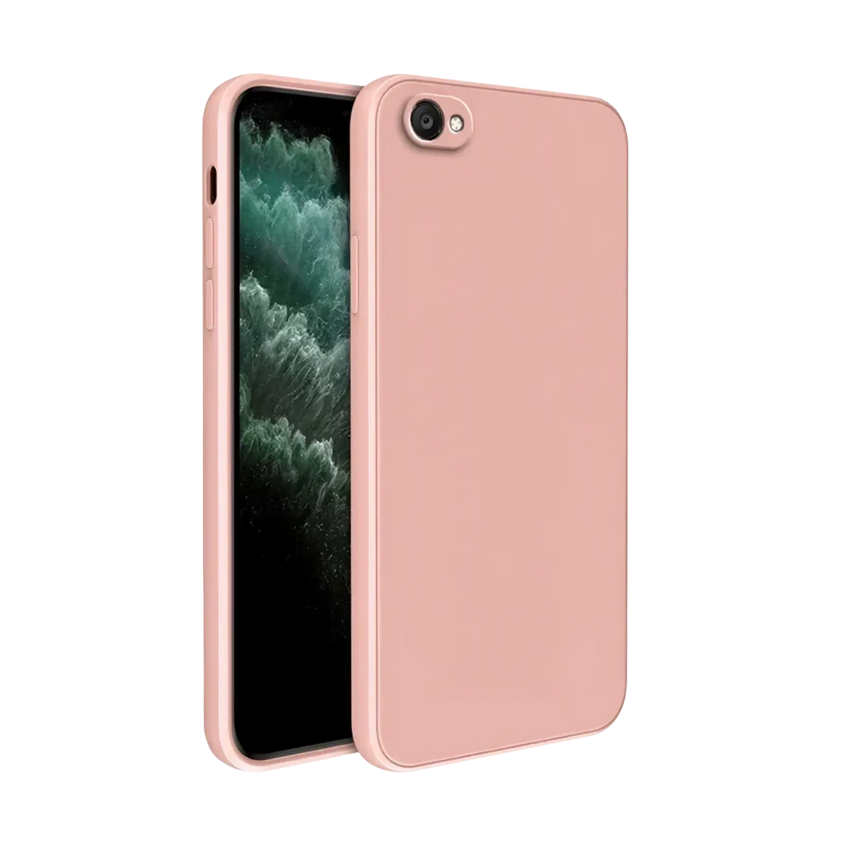 A sleek matte-finish rose gold square liquid silicone iphone case shown from the back with a minimalist design