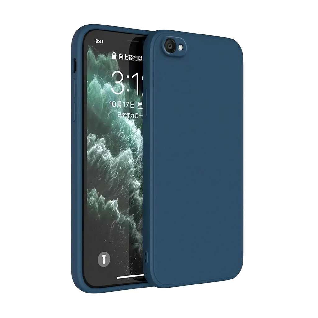 A sleek navy blue square liquid silicone iphone case with a smooth matte finish shown from the back side