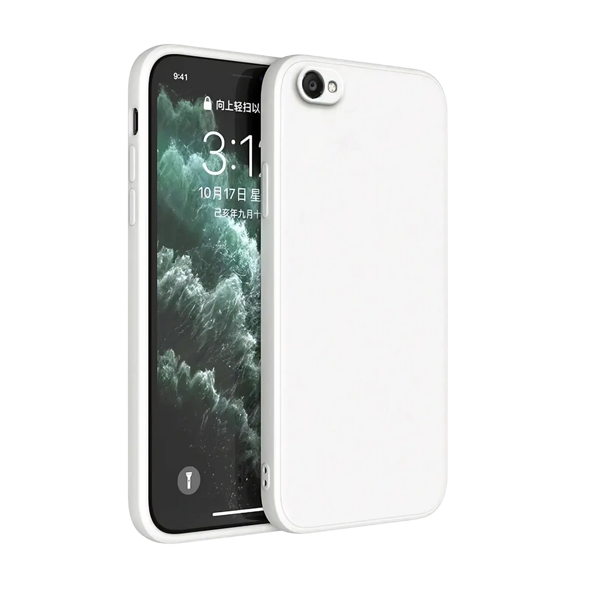 White silicone iphone case with smooth minimalist design shown from the back in square liquid silicone style