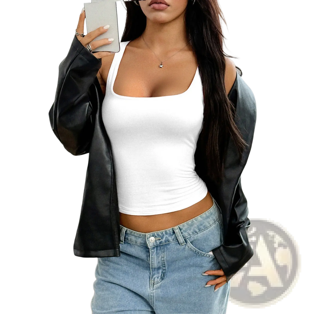 White square neck cropped tank top with fitted silhouette ideal for casual summer wear