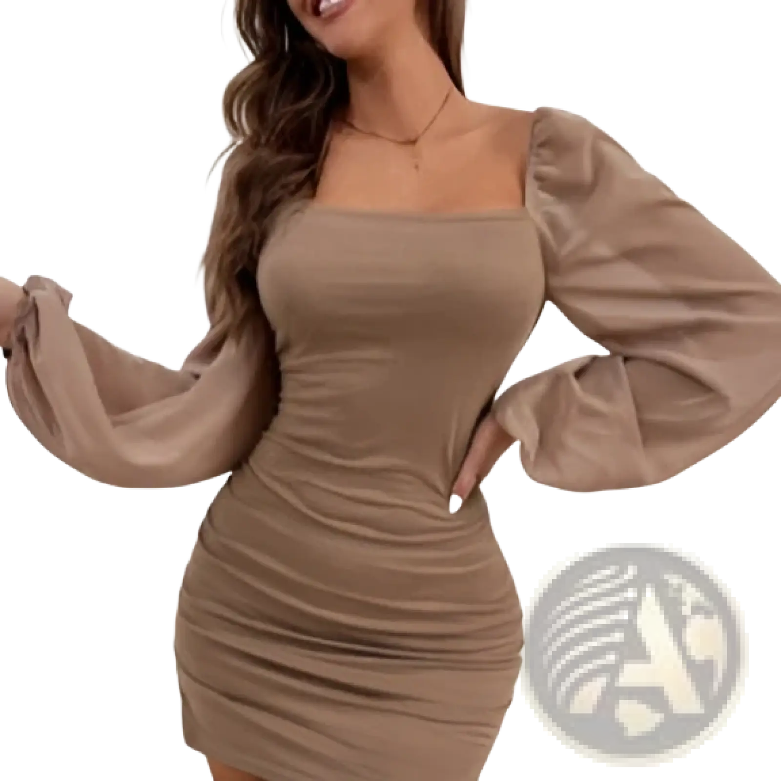 A taupe square neck lantern sleeve slim mini dress with voluminous long sleeves in a form-fitting silhouette