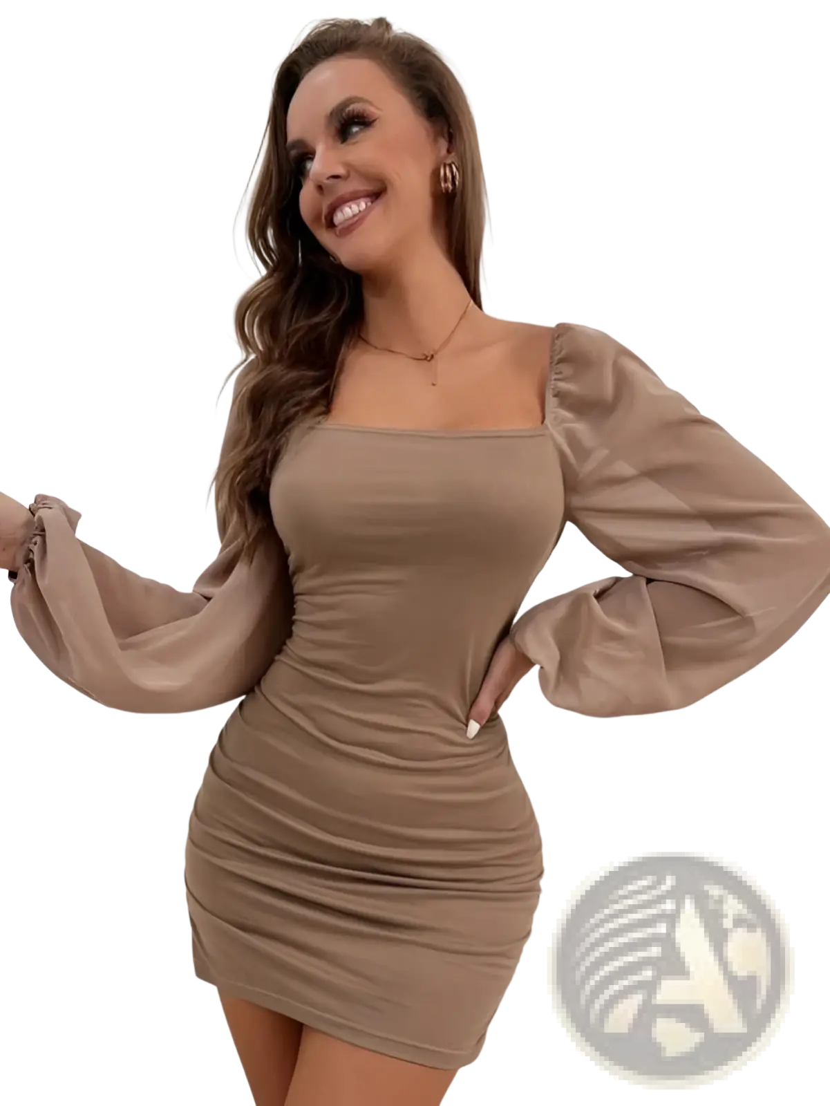 A taupe form-fitting mini dress with square neckline and long puffy lantern sleeves perfect for elegant occasions