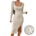 Beige ribbed knit midi dress with long sleeves square neckline and side slit for elegant casual wear