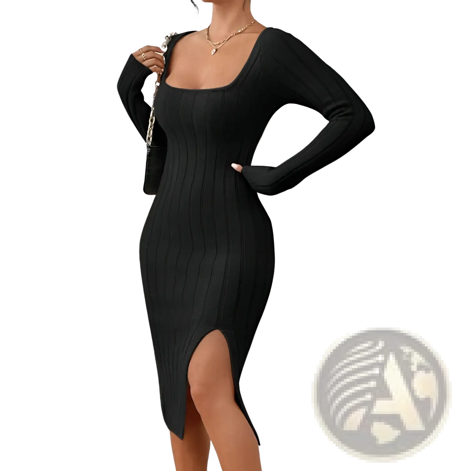 Black ribbed knit midi dress with long sleeves square neckline and side slit shown from the front view