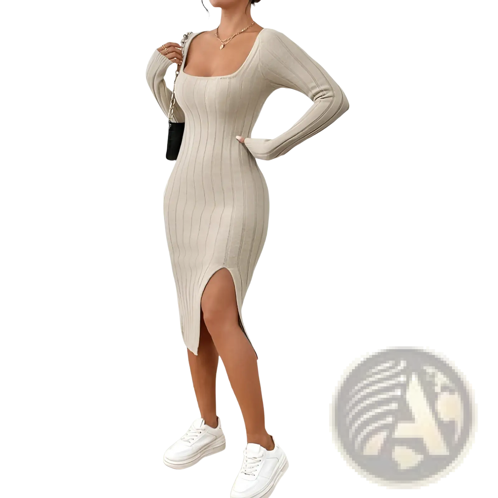 Beige ribbed knit midi dress with long sleeves square neckline and side slit for elegant casual wear