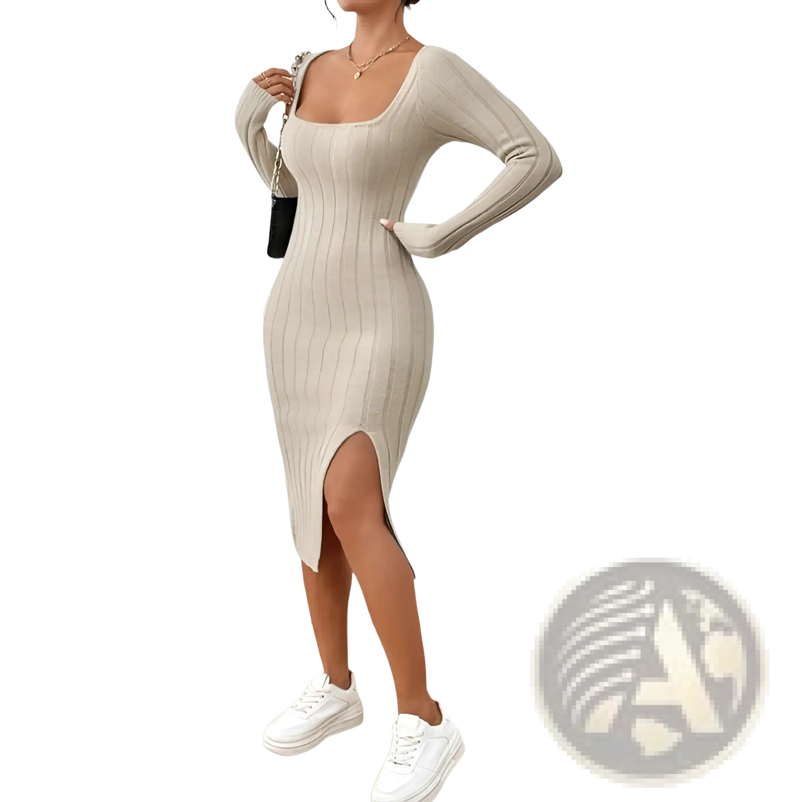 Beige ribbed knit midi dress with long sleeves square neckline and side slit for elegant casual wear