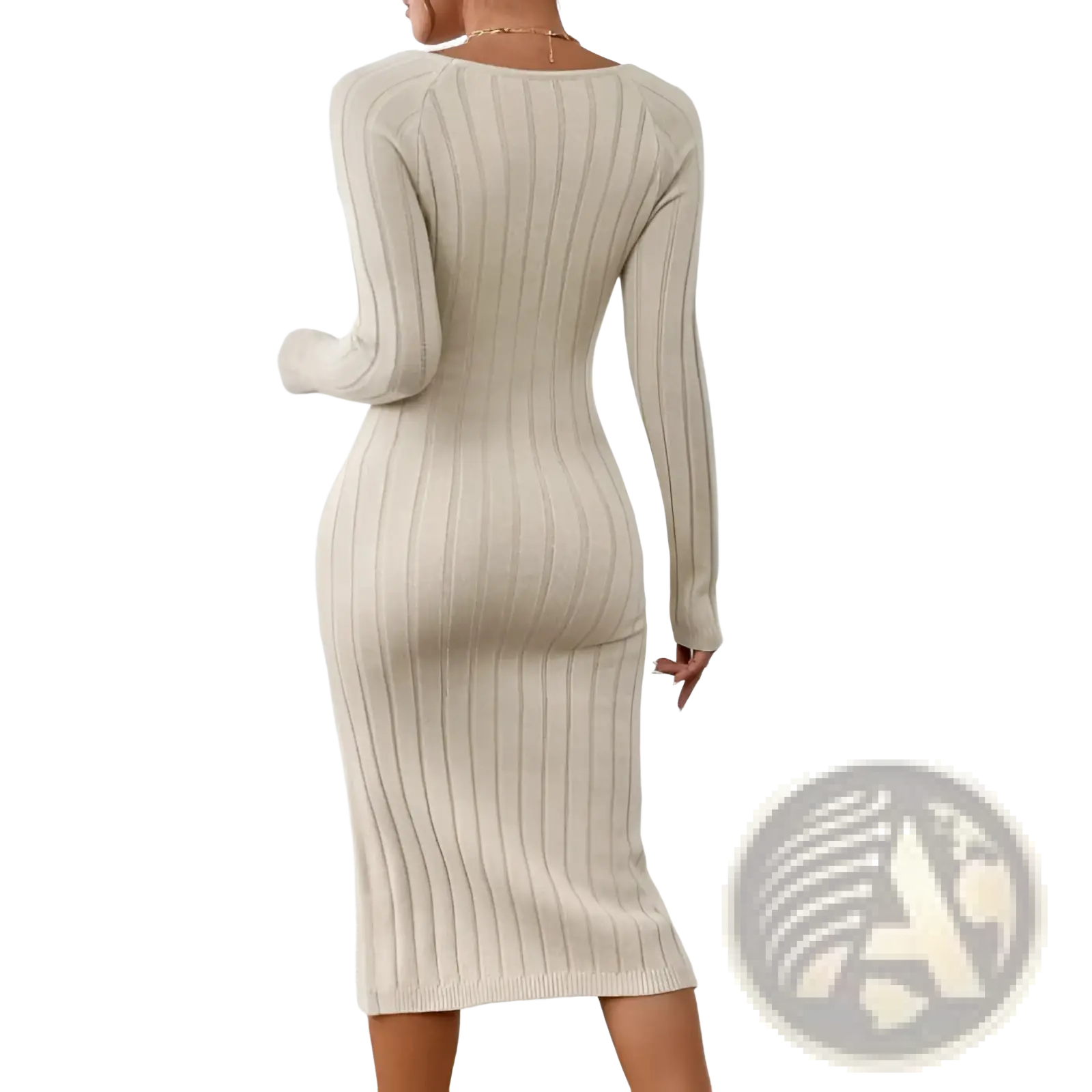 Beige ribbed knit midi dress with long sleeves and round neckline in a square neck design and side slit detail