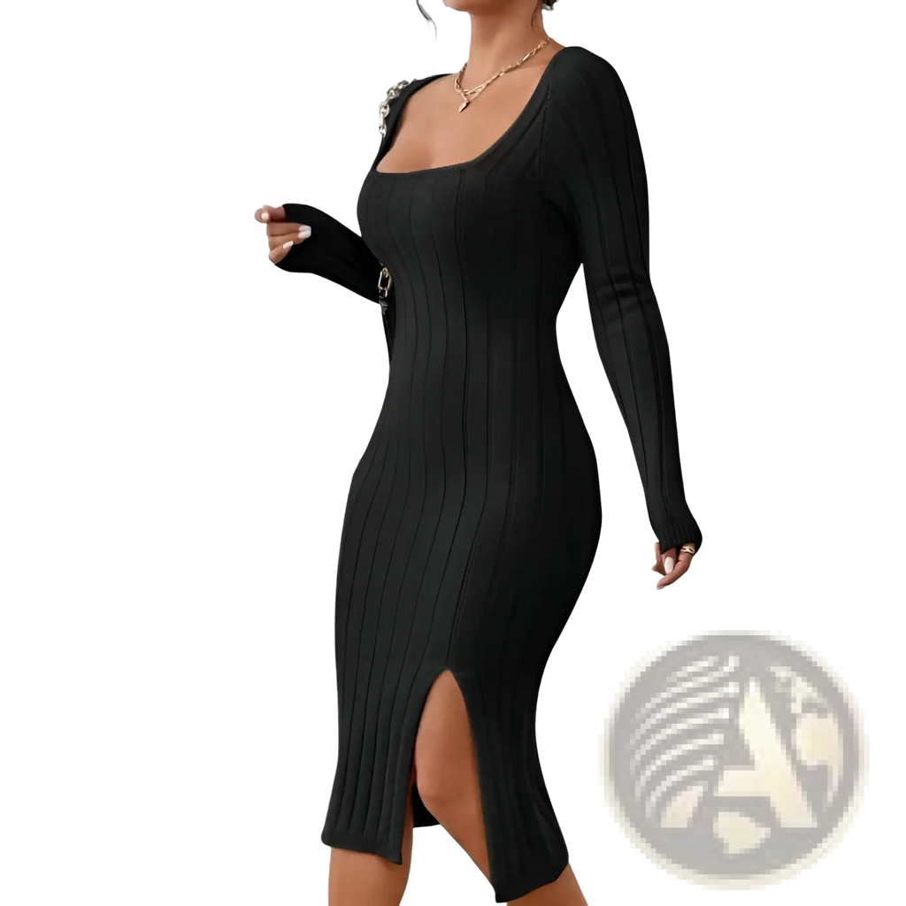 Black square neck ribbed knit midi dress with long sleeves and side slit made of soft knit fabric