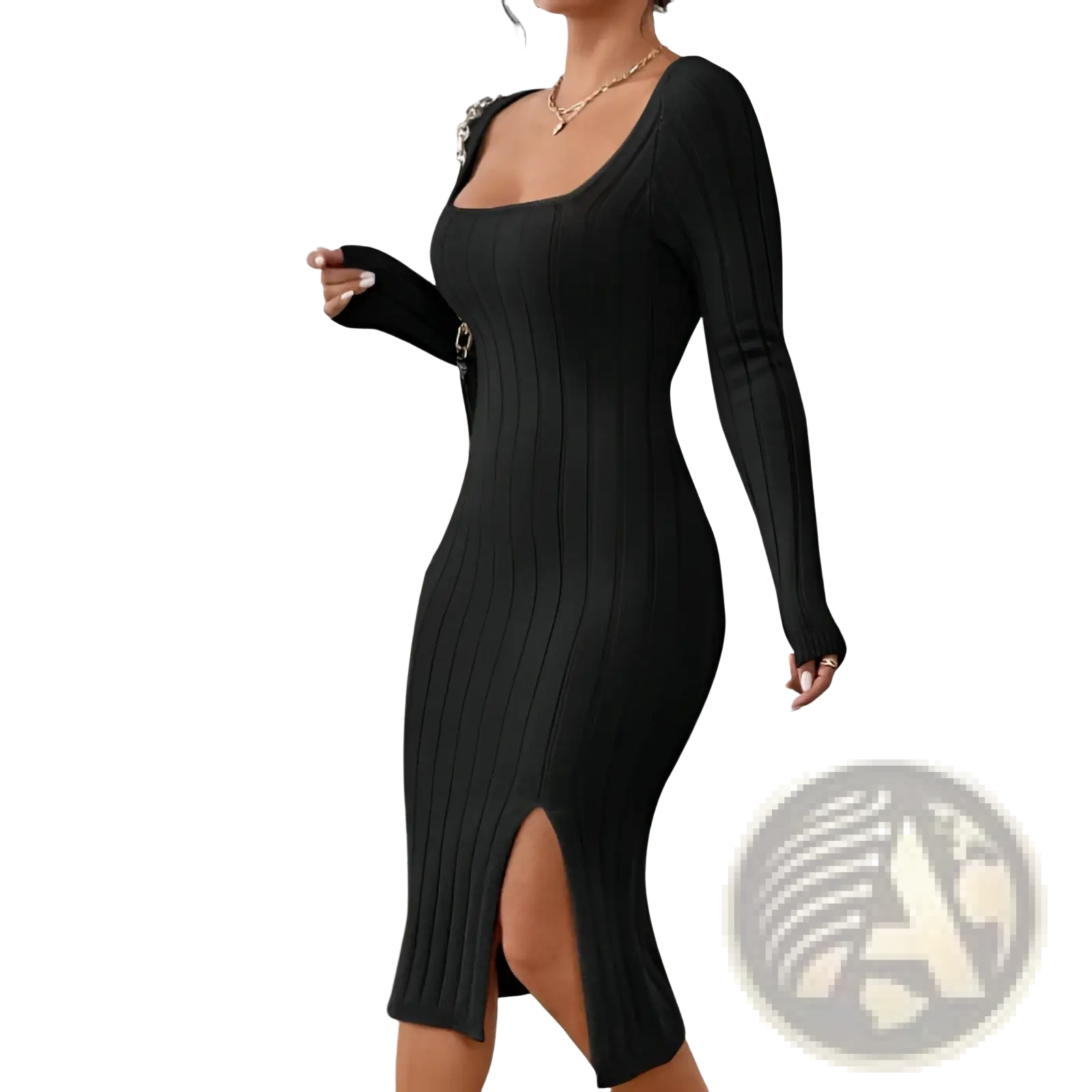 Black square neck ribbed knit midi dress with long sleeves and side slit made of soft knit fabric
