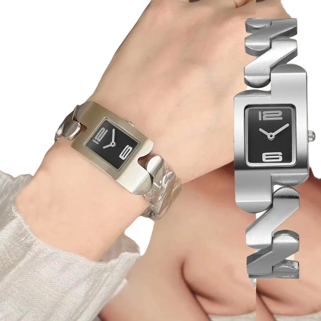 Silver rectangular quartz watch with black face bold white numerals and gold stainless steel chain-link bracelet for women